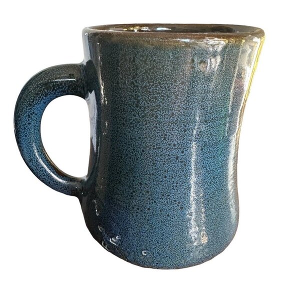 VTG Asian Cup Mug Stone Ware Clay Hand Painted Blue Characters Letters Design - Picture 4 of 8